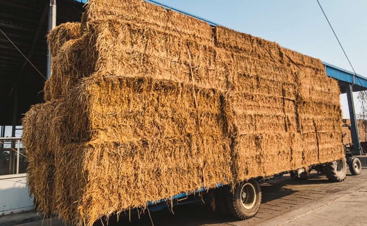 straw bale storage in industrial environment with moisture measurement by Dunakontroll