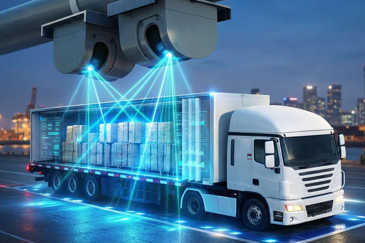 Industrial moisture measurement system scanning materials on a transport truck using precision sensor technology