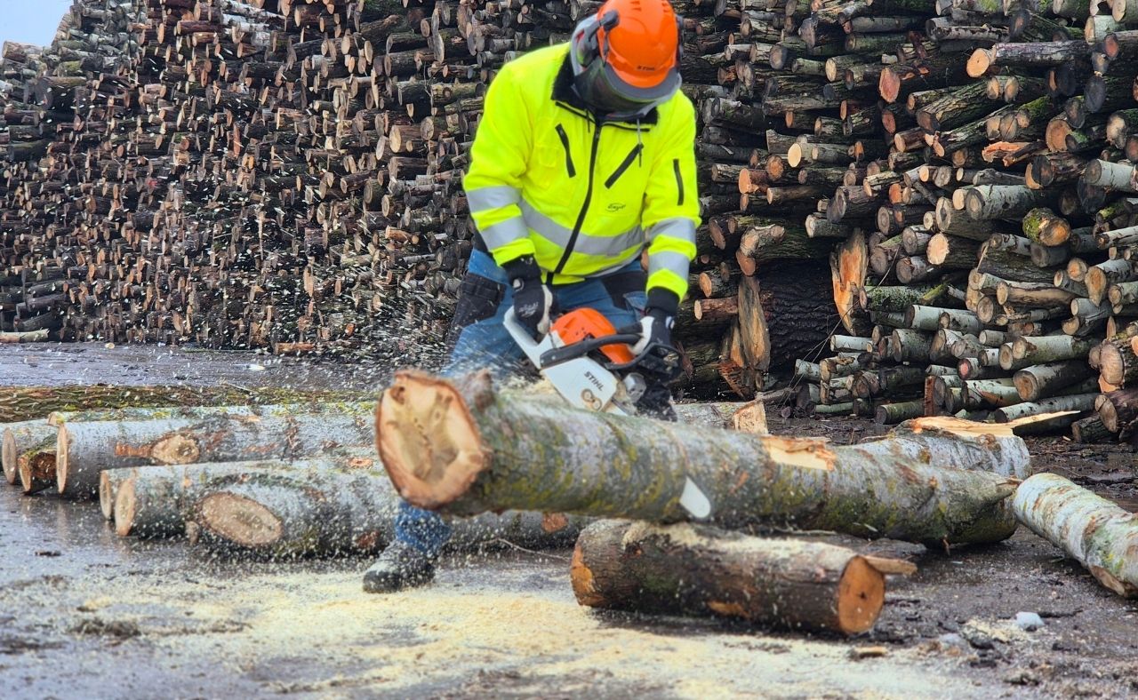 Forestry worker handling timber logs for industrial moisture control and wood quality management